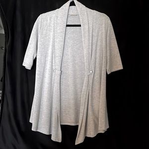 GRAY SHORT SLEEVE CARDIGAN - SHAWL COLLAR, GATHERED WITH BUTTON & TAB